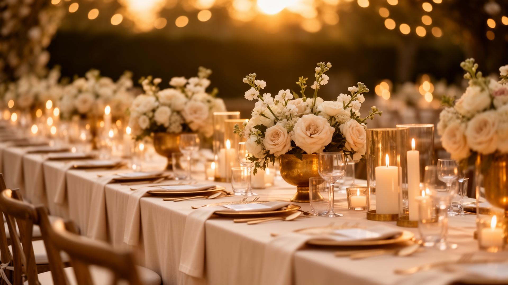 Elegant outdoor wedding reception at golden hour